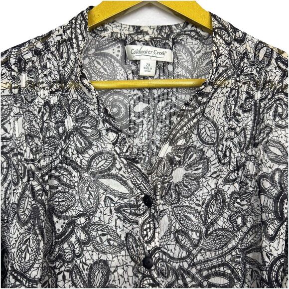 Coldwater Creek Floral Button Up Shirt 2x Chiffon Topper Black Roll Tab Sleeves - Picture 3 of 9